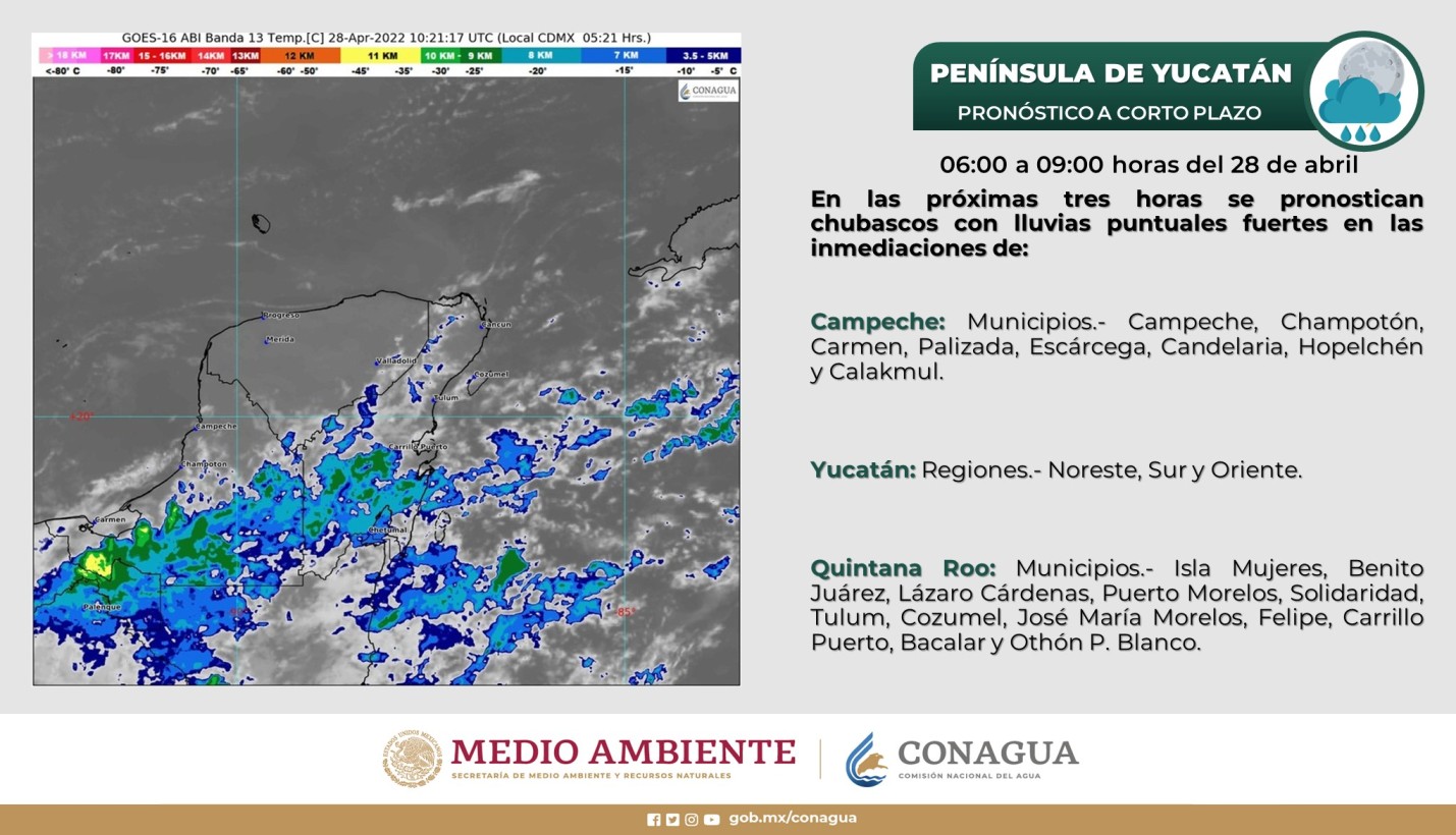Pronóstico del clima para hoy jueves 28 de abril en Quintana Roo; Cielo medio nublado a nublado durante el día, con lluvias puntuales fuertes.