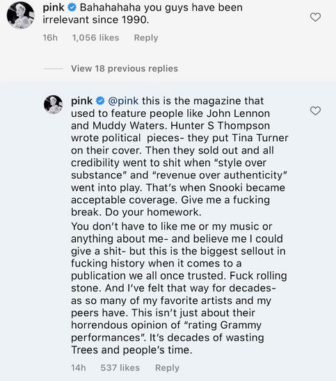 Pink llama "irrelevantes" a la revista Rolling Stone