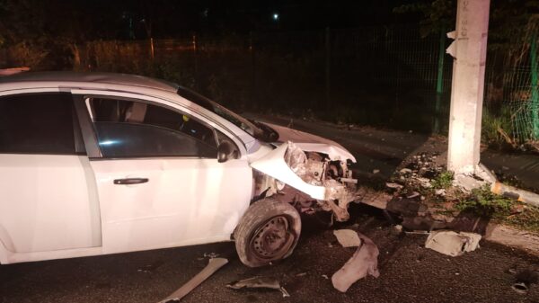 Abandona su auto tras chocar contra poste en la Región 256.