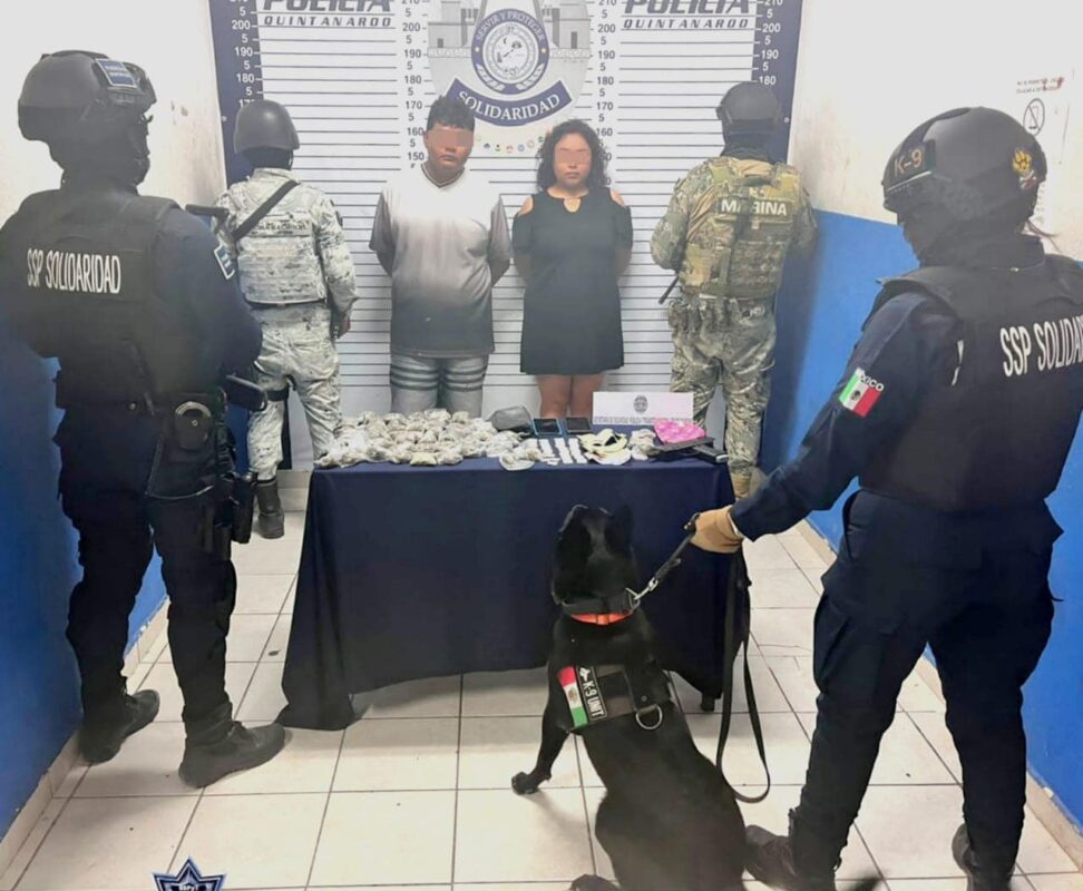 Detienen a pareja en Playa del Carmen con 86 dosis de drogas; los narcomenudistas fueron detectados por un binomio canino.