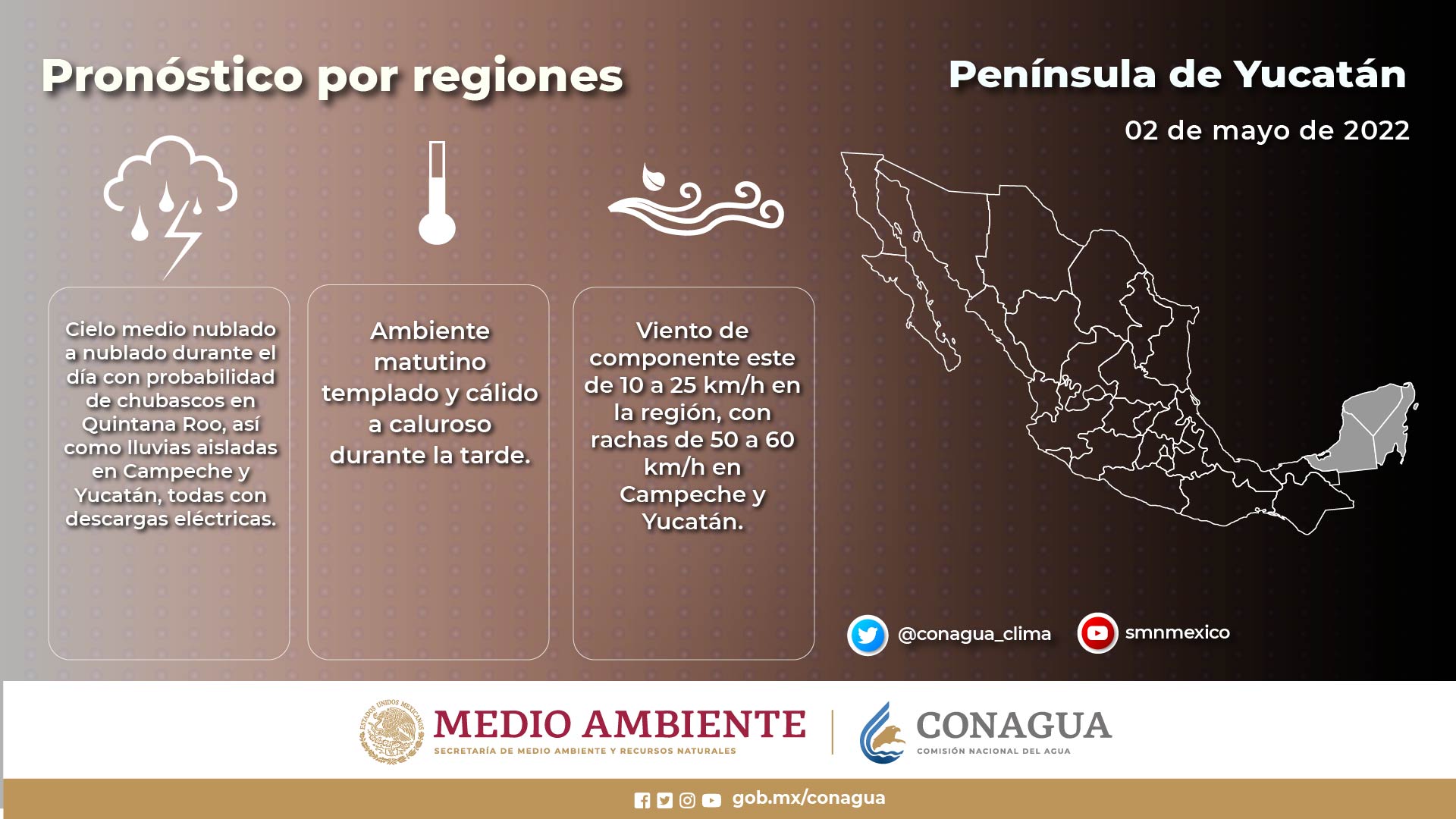 Pronóstico del clima para hoy lunes 2 de mayo en Quintana Roo; Cielo medio nublado a nublado durante el día con probabilidad de chubascos.