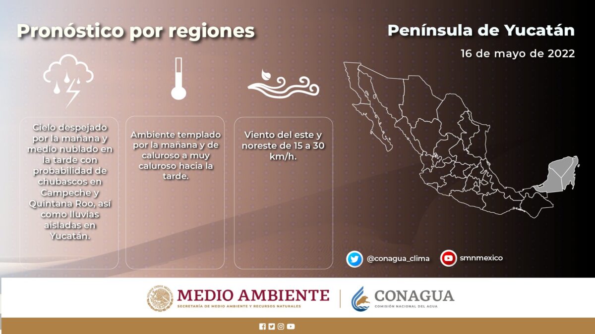 Pronóstico del clima para hoy lunes 16 de mayo en Quintana Roo; cielo despejado por la mañana y medio nublado por la tarde con probabilidad de chubascos.