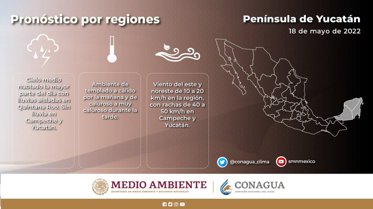Pronóstico del clima para hoy miércoles 18 de mayo en Quintana Roo; cielo medio nublado la mayor parte del día con lluvias aisladas.