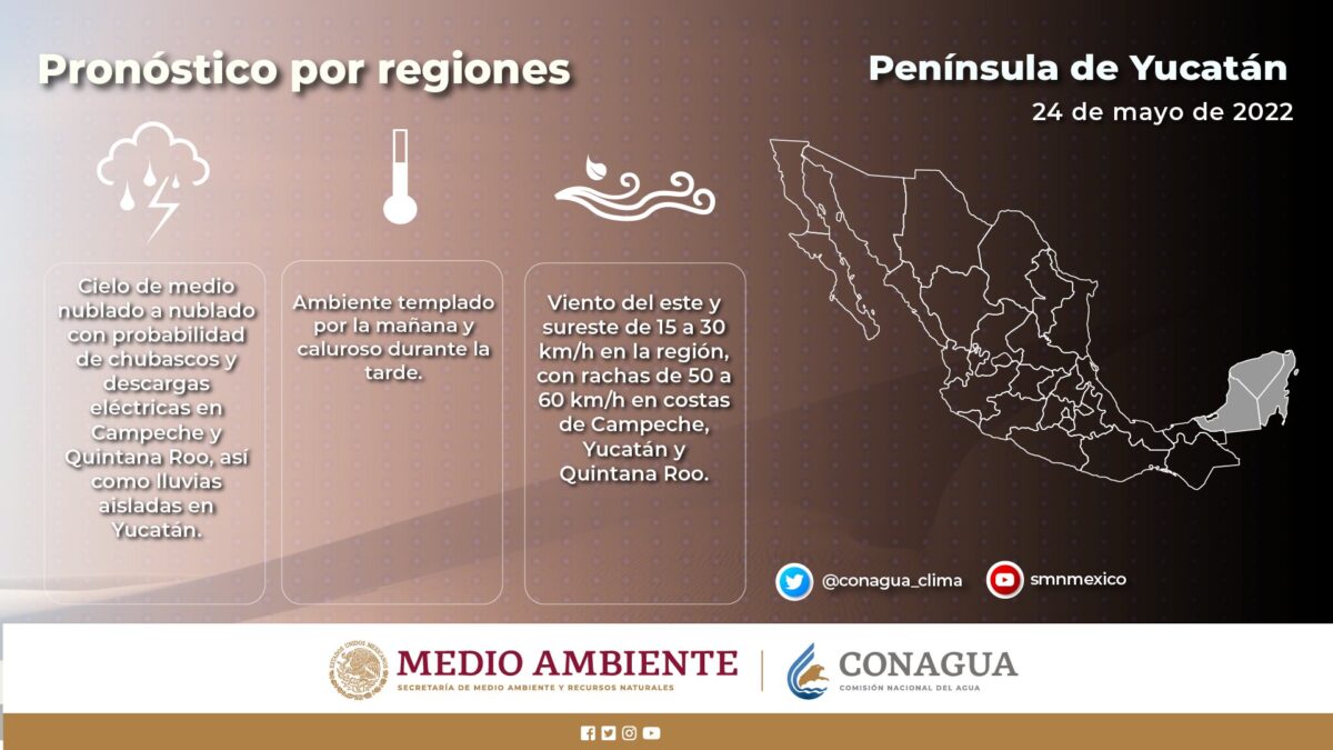 Pronóstico del clima para hoy martes 24 de mayo en Quintana Roo; Cielo medio nublado a nublado con probabilidad de chubascos y descargas eléctricas.