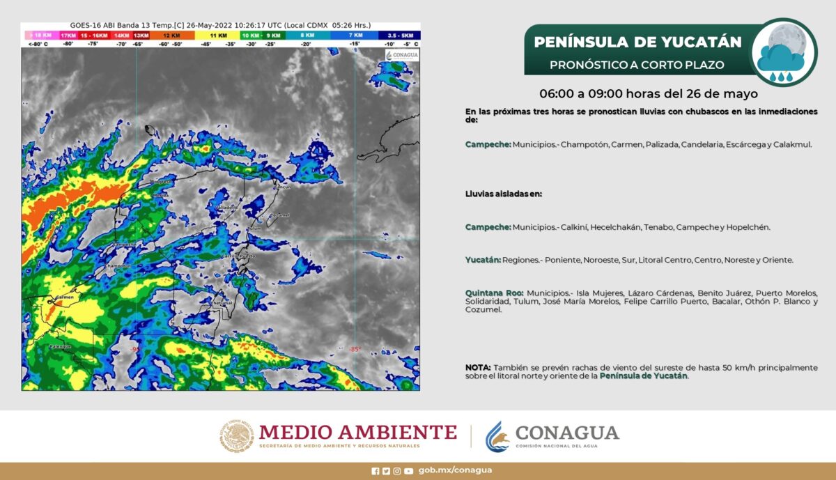 Pronóstico del tiempo para hoy jueves 26 de mayo en Quintana Roo; Cielo nublado durante el día con lluvias puntuales muy fuertes.