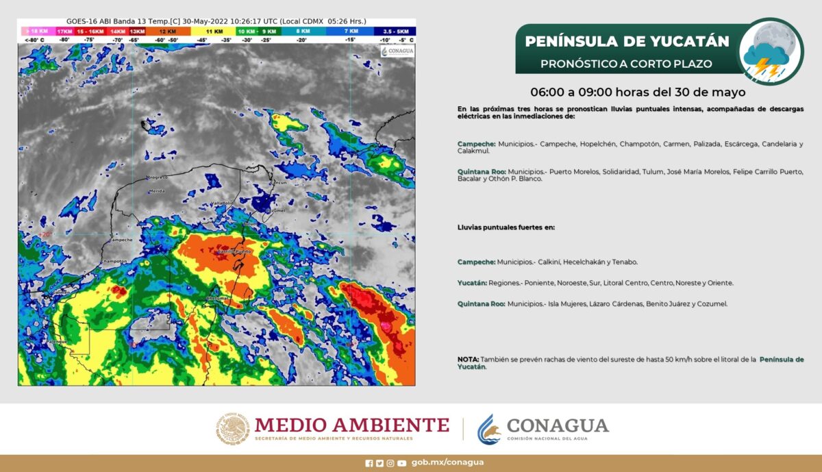Pronóstico del clima para hoy lunes 30 de mayo en Quintana Roo; cielo nublado durante el día con lluvias puntuales muy fuertes con descargas eléctricas.