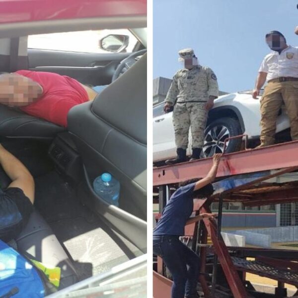 Aseguran a migrantes escondidos en autos nuevos.