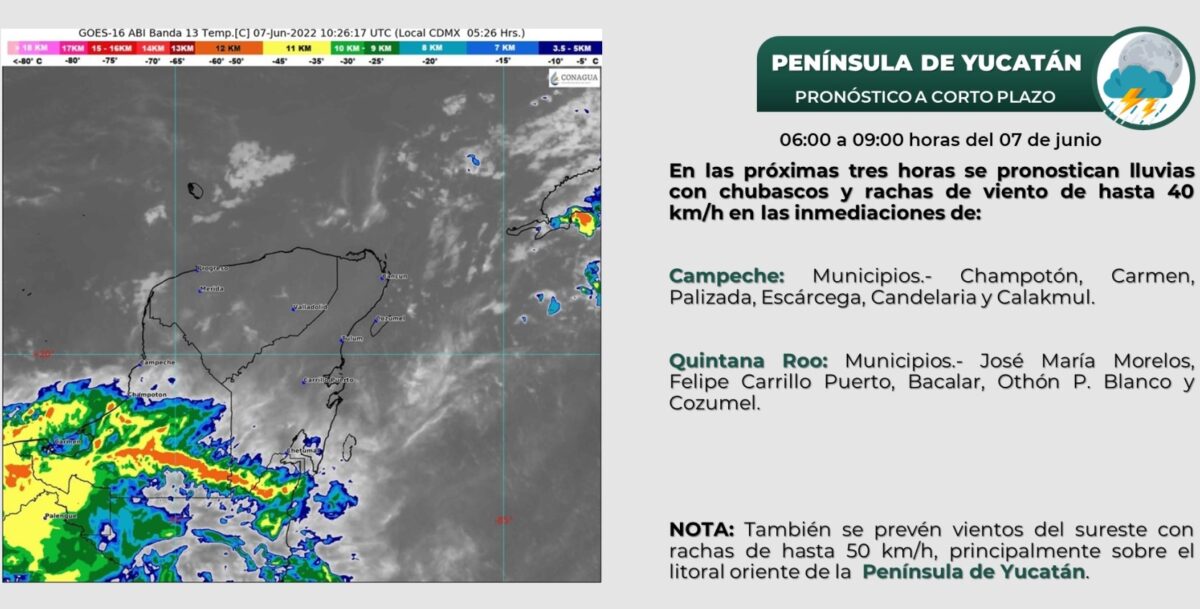 Pronóstico del clima para hoy martes 7 de junio en Quintana Roo; cielo nublado a lo largo del día, con lluvias muy fuertes sobre la Península.