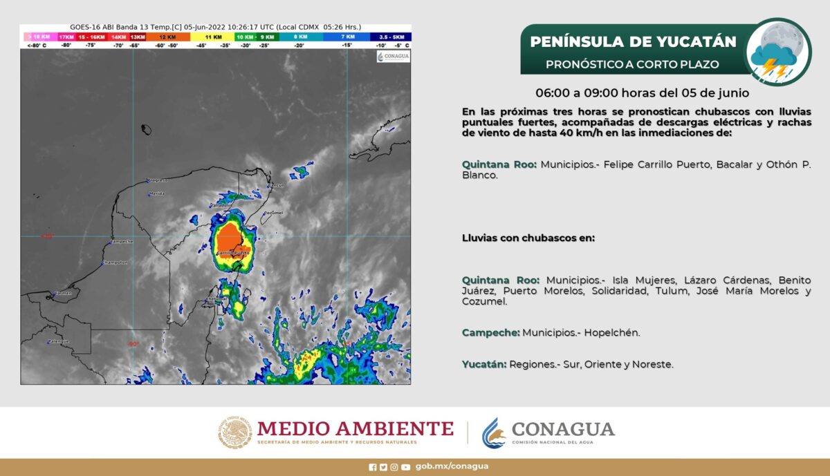 Pronóstico del clima para hoy domingo 5 de junio en Quintana Roo; cielo medio nublado a nublado con chubascos en Campeche, Yucatán.