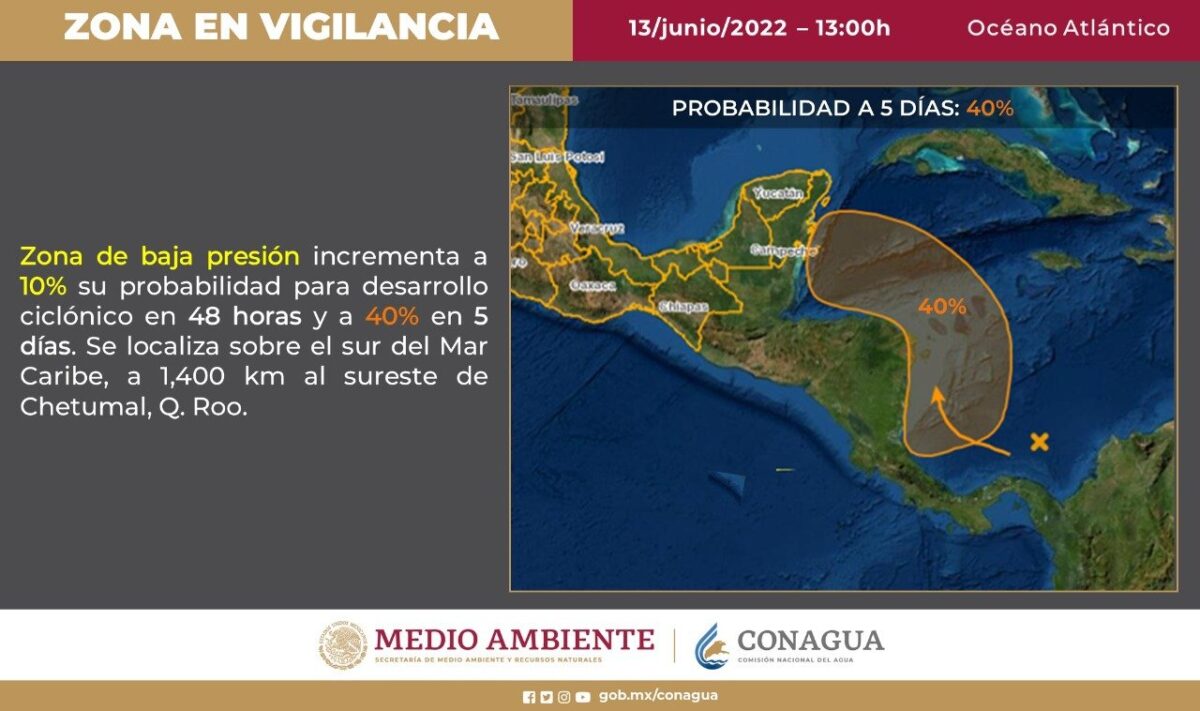 Bajo vigilancia posible formación ciclónica en el Caribe; un sistema de baja presión se localiza a 1,400 km de Chetumal.
