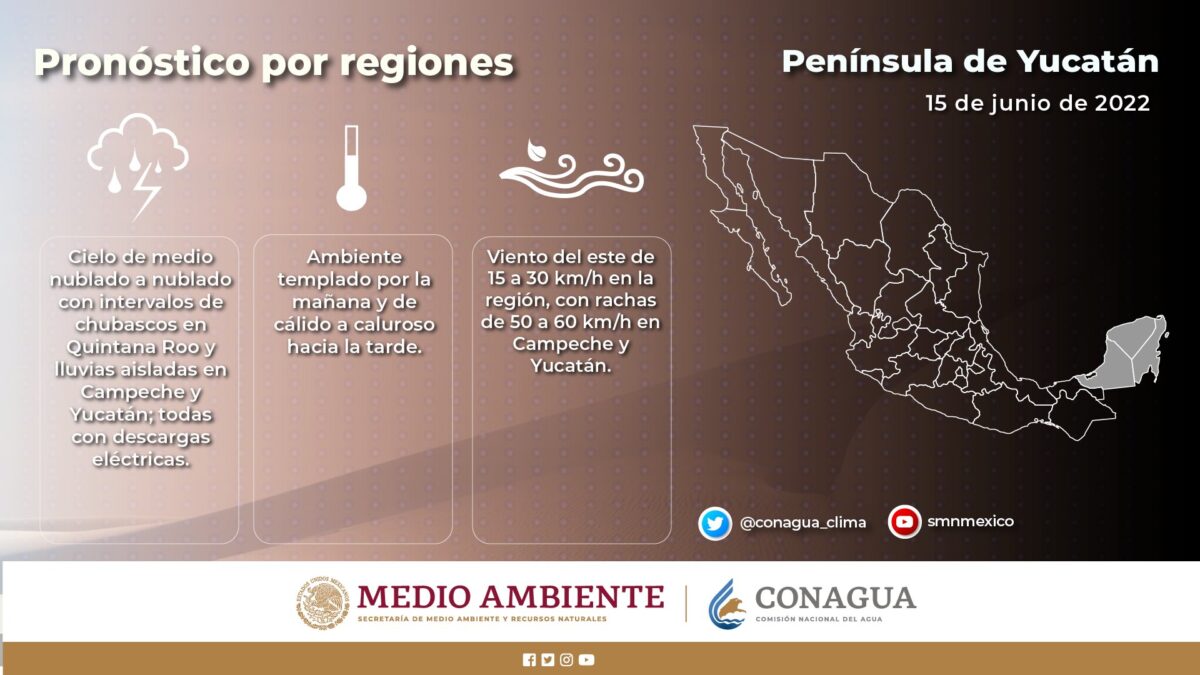 Pronóstico del clima para hoy miércoles 15 de junio en Quintana Roo; cielo medio nublado con intervalos de chubascos para la entidad.