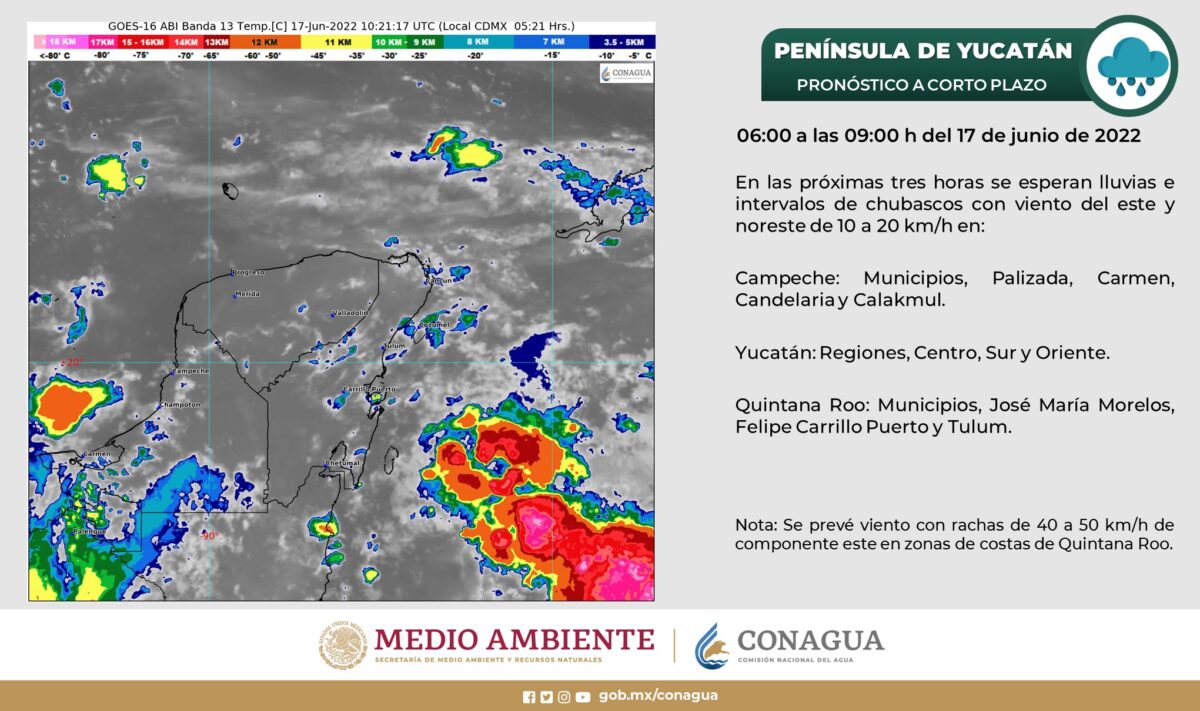 Pronóstico del clima para hoy viernes 17 de junio en Quintana Roo; cielo nublado con lluvias intensas para la entidad y muy fuertes en Campeche y Yucatán.