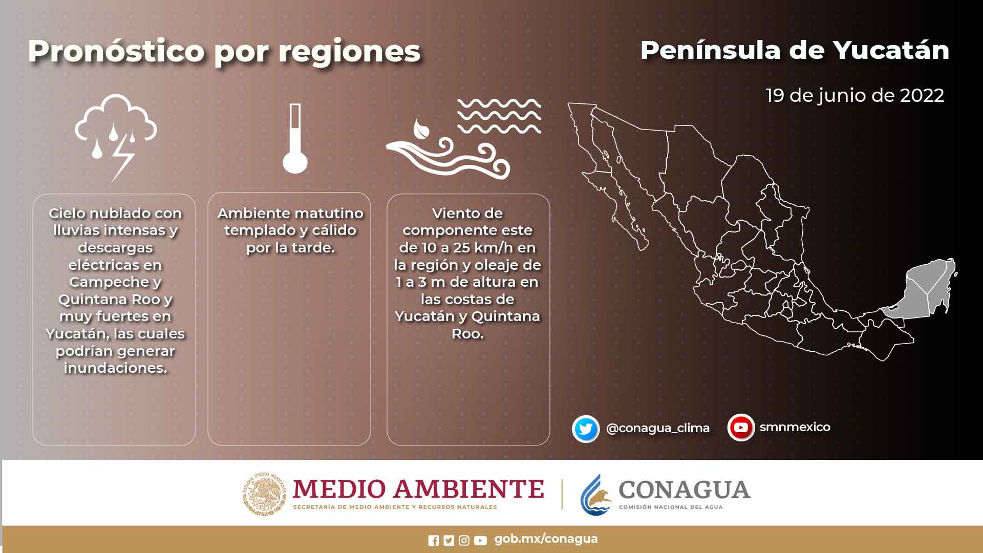 Pronóstico del clima para hoy domingo 19 de junio en Quintana Roo; cielo nublado con lluvias intensas en Campeche y la entidad; muy fuertes en Yucatán.