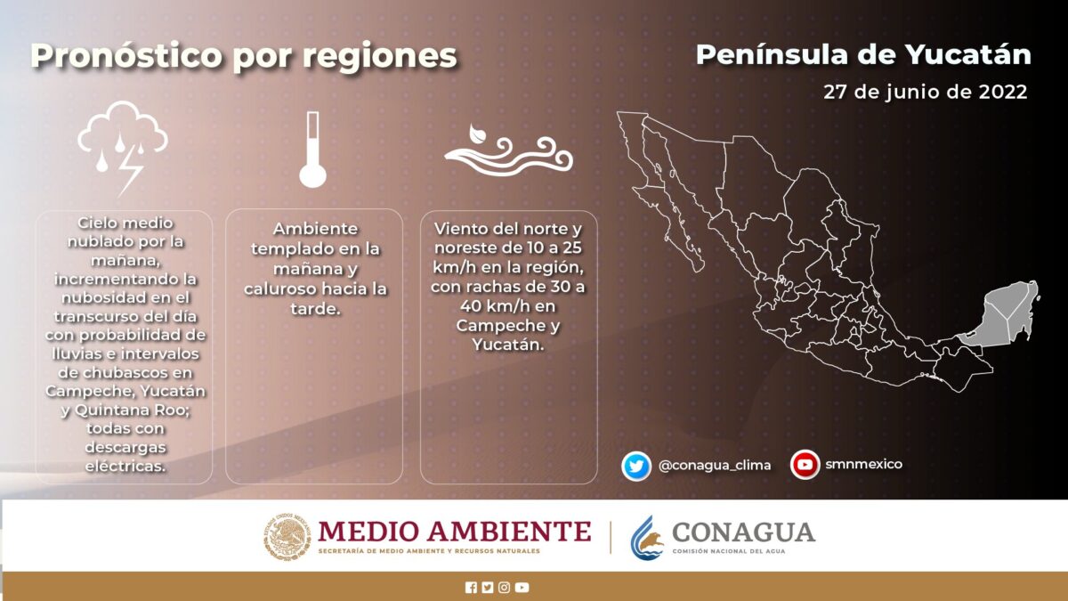 Pronóstico del clima para hoy lunes 27 de junio en Quintana Roo; Cielo medio nublado por la mañana, incrementando la nubosidad.