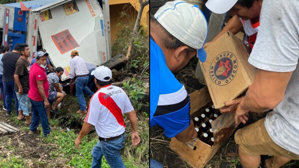 Saquean tráiler tras volcar cargado de cervezas en Veracruz.