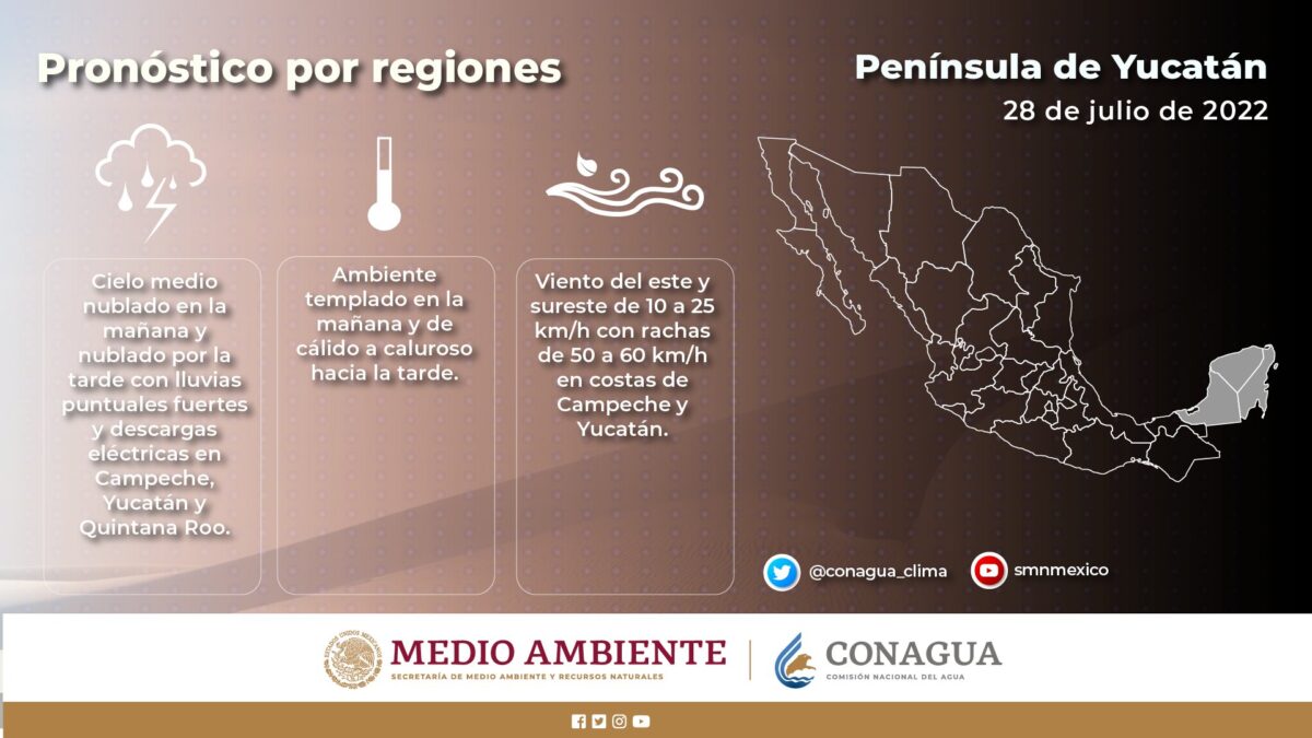 Pronóstico del clima para hoy jueves 28 de julio en Quintana Roo; Cielo medio nublado en la mañana Y tarde con lluvias puntuales fuertes.
