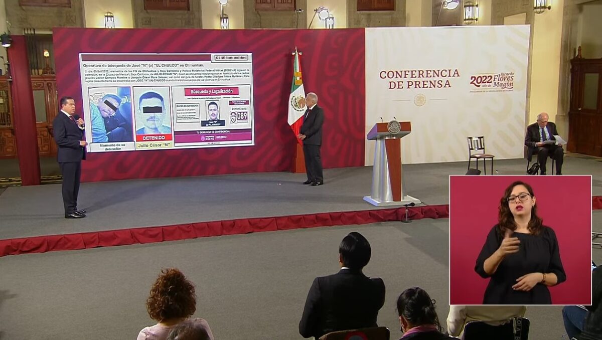 Conferencia mañanera del pasado jueves 7 de julio, donde se presentaron lo avances en el caso de El Chueco y el asesinato de los dos sacerdotes jesuitas.