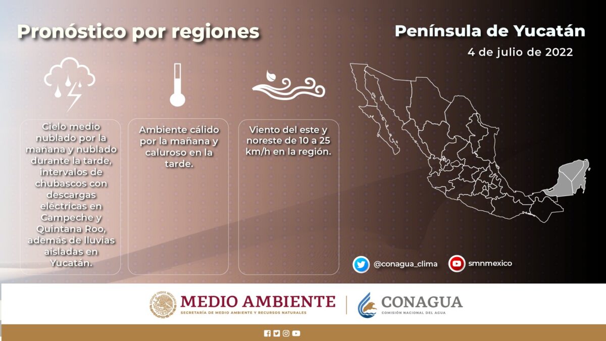 Pronóstico del clima para hoy lunes 4 de julio en Quintana Roo; cielo medio nublado por la mañana y nublado durante la tarde con intervalos de chubascos.