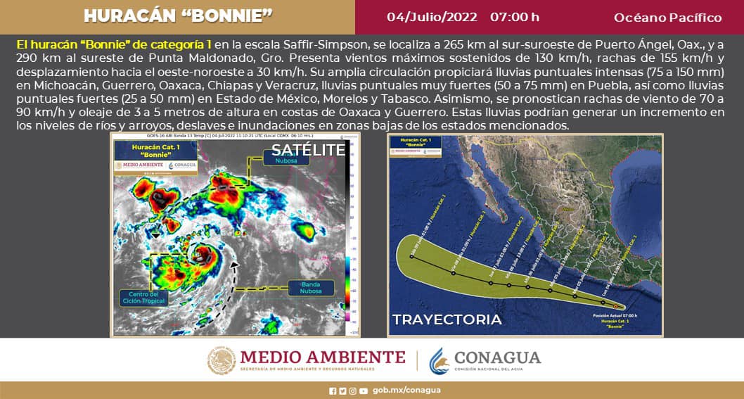 Habrá lluvias intensas en 4 estados por el Huracán ‘Bonnie’; esta mañana se localizó a 265 km al sur-suroeste de Puerto Ángel, Oaxaca.