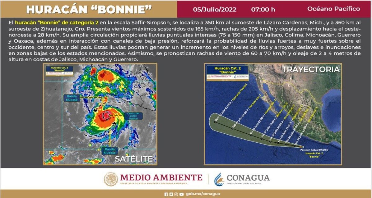 Huracán 'Bonnie' se convierte en categoría 3; se aleja de las costas del Pacífico. Se localizaba 400 km al sur-suroeste de Zihuatanejo.