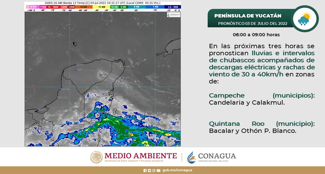 Pronóstico del clima para hoy domingo 3 de julio en Quintana Roo; ambiente cálido por la mañana, caluroso por la tarde y con posibilidad de chubascos.