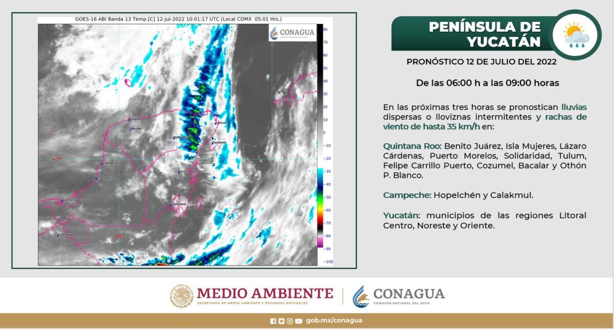 Pronóstico del tiempo para hoy martes 12 de julio en Quintana Roo; cielo medio nublado en la mañana con lluvias y chubascos,
