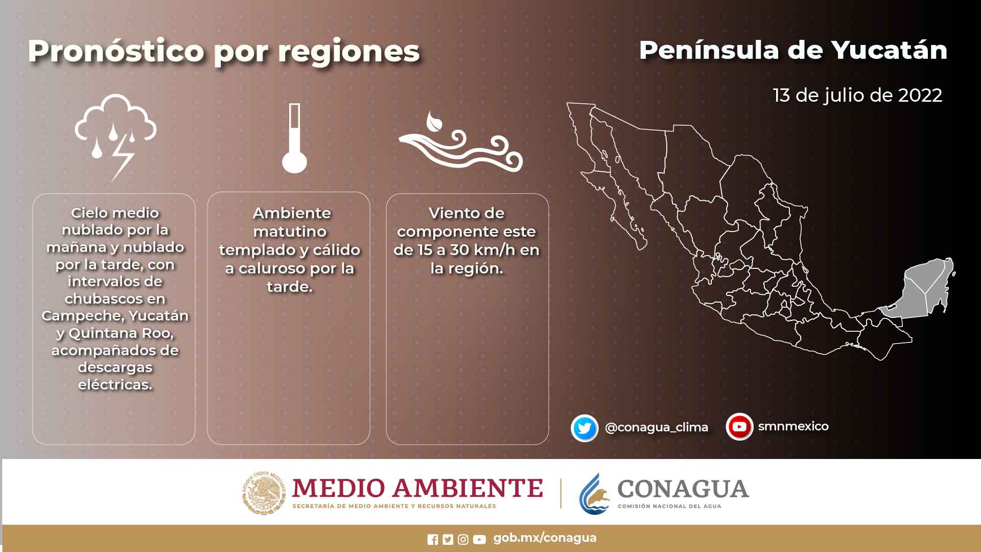 Pronóstico del clima para hoy miércoles 13 de julio en Quintana Roo; se prevén algunos chubascos para la Península de Yucatán.