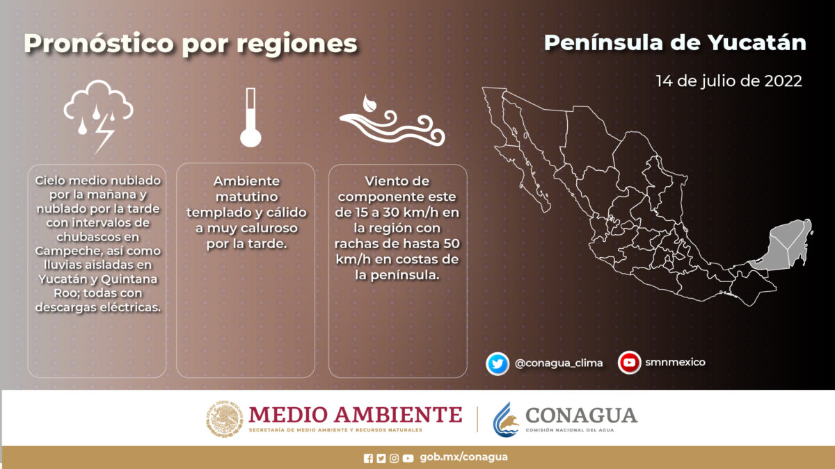 Pronóstico del clima para hoy jueves 14 de julio en Quintana Roo; ambiente caluroso y posibilidad de chubascos aislados para la entidad.