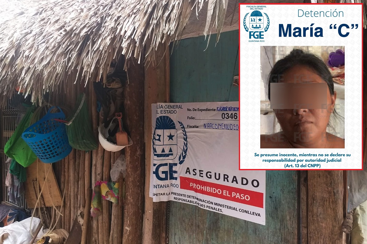 Catean casa y aseguran droga en la Zona Maya de Felipe Carrillo Puerto; una mujer fue detenida en el inmueble que fue asegurado por la FGE.