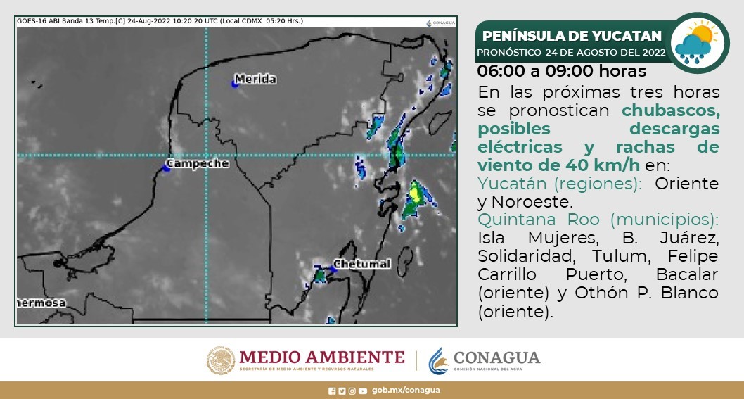 Pronóstico del clima para hoy miércoles 24 de agosto en Quintana Roo; se prevé tiempo caluroso e intervalo de chubascos para la entidad.