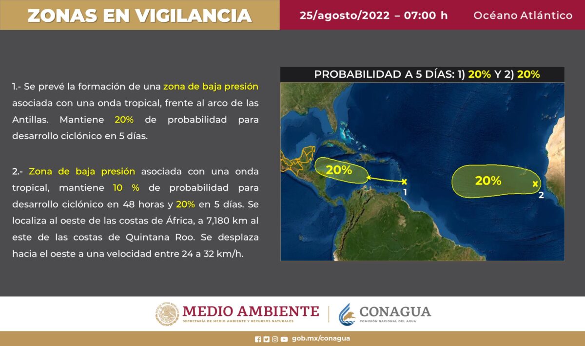 Clima: Vigilan dos zonas de baja presión en el Atlántico; por ahora mantienen baja probabilidades de potencial ciclónico.