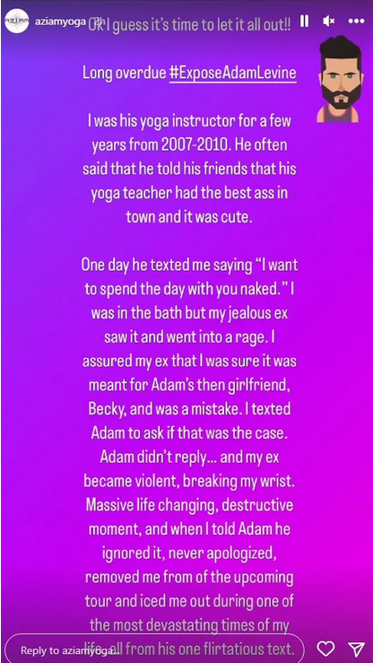 Adam Levine pidió a su profesora de yoga una tarde "desnudos"