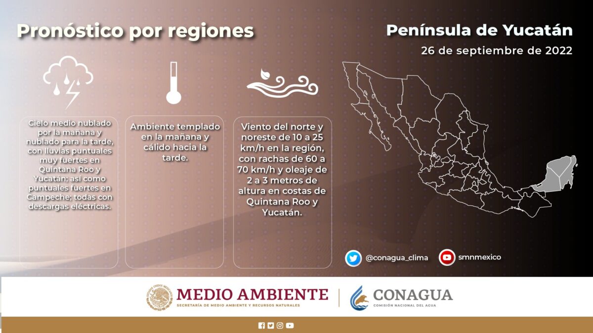 Pronóstico del clima para hoy lunes 26 de septiembre en Quintana Roo; se prevén lluvias fuertes para este día en la entidad.