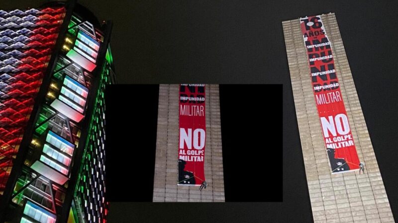 Activistas despliegan megamanta contra militarización en estela de luz