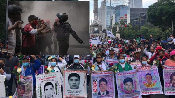 Chocan normalistas y policías en marcha por 8vo aniversario de desapariciones