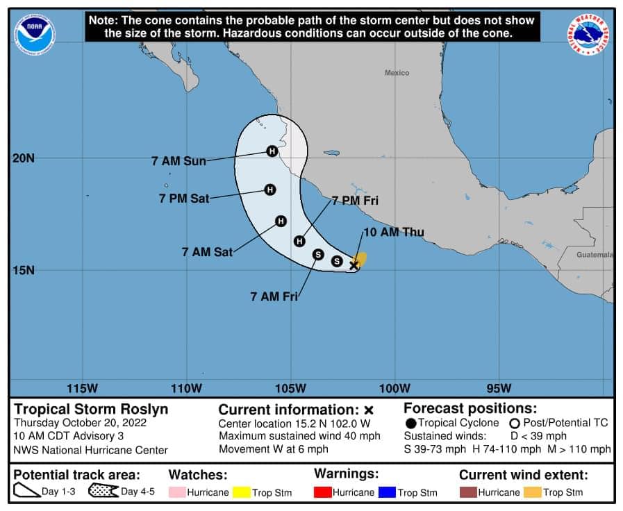 Nace la tormenta tropical ‘Roslyn’ al sur de México; evolucionará a huracán en su aproximación al occidente del país.