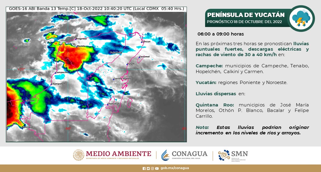 Pronóstico del clima para hoy martes 18 de octubre en Quintana Roo; cielo medio nublado a nublado, con lluvias muy fuertes.