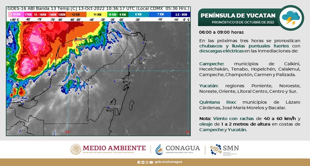 Pronóstico del clima para hoy jueves 13 de octubre en Quintana Roo; se prevén algunas lluvias fuertes para la entidad.