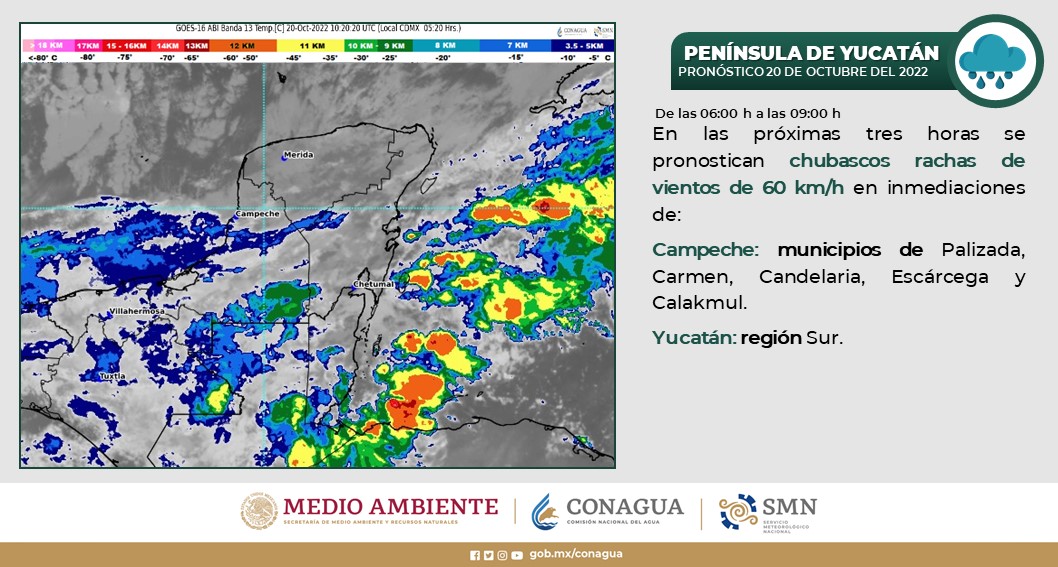 Pronóstico del clima para hoy jueves 20 de octubre en Quintana Roo; lluvias puntuales muy fuertes en Campeche en Quintana Roo y chubascos en Yucatán.