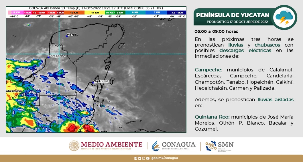 Pronóstico del clima para hoy lunes 17 de octubre en Quintana Roo; Cielo medio nublado, con chubascos vespertinos y descargas eléctricas.