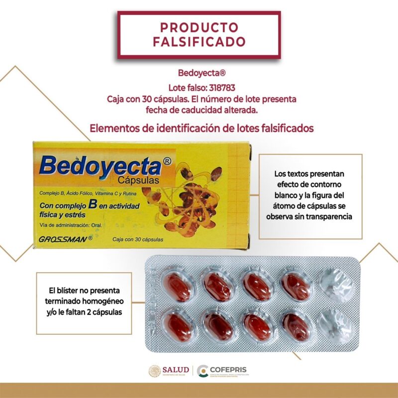 Alertan por falsificación de vitamínicos Bedoyecta; se trata de presentaciones inyectable y su presentación en cápsulas.