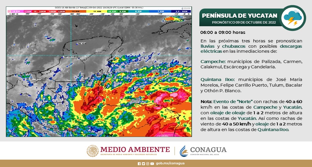 Pronóstico del clima para hoy domingo 9 de octubre en Quintana Roo; cielo nublado con probabilidad de lluvias puntuales muy fuertes.