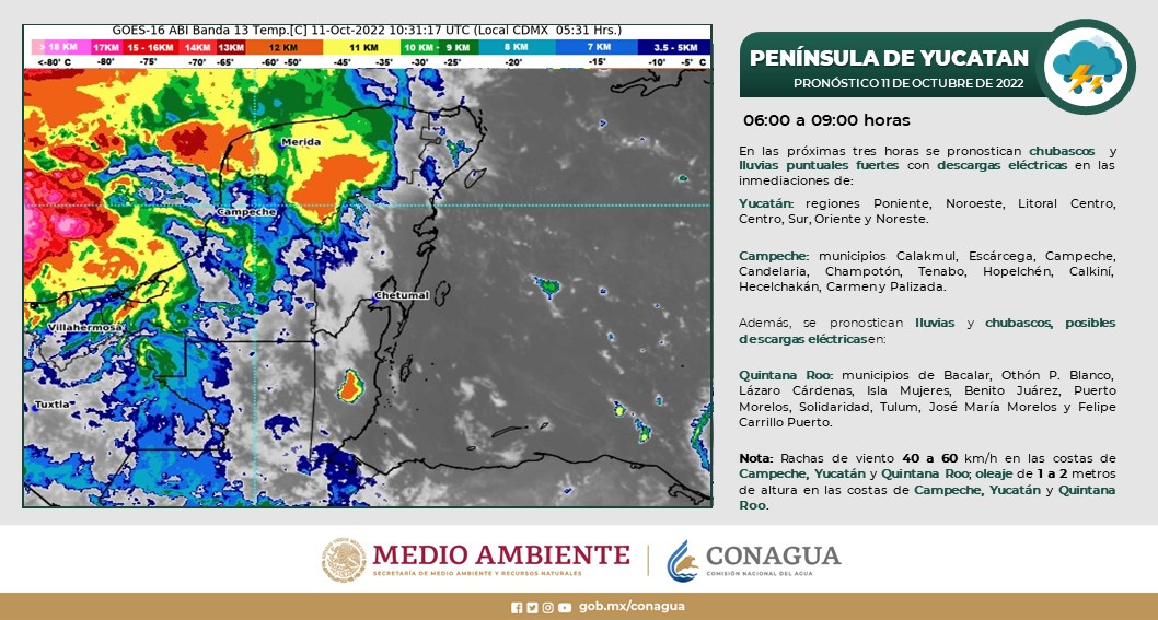 Pronóstico del clima para hoy martes 11 de octubre en Quintana Roo; cielo nublado con probabilidad de lluvias puntuales y muy fuertes.
