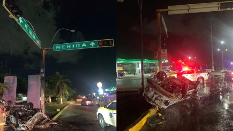 Vuelca vehículo y se incendia en el cruce de la Portillo y Kabah
