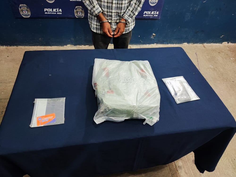 Detienen a pasajero con droga en terminal de autobuses de Chetumal; binomio canino marcó positivo a un paquete sospechoso.