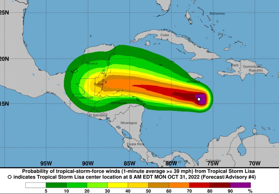 Clima: Se forma la tormenta tropical ‘Lisa’ al sur de Jamaica; se prevé que evolucione a huracán a su paso por el Mar Caribe.