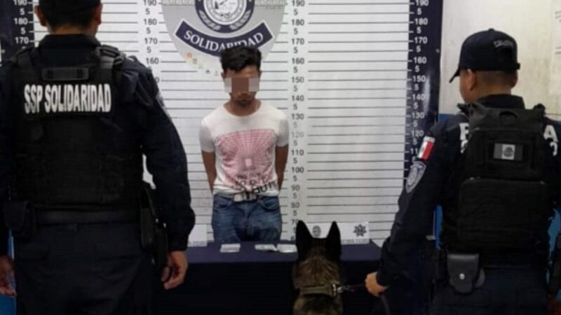 Detienen a sujeto con droga en filtro policiaco de Playa del Carmen.