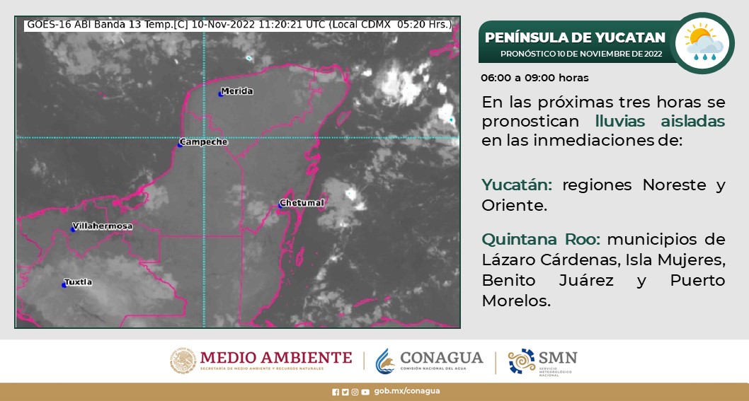 Pronóstico del clima para hoy jueves 10 de noviembre en Quintana Roo; intervalos de chubascos en la Península de Yucatán.