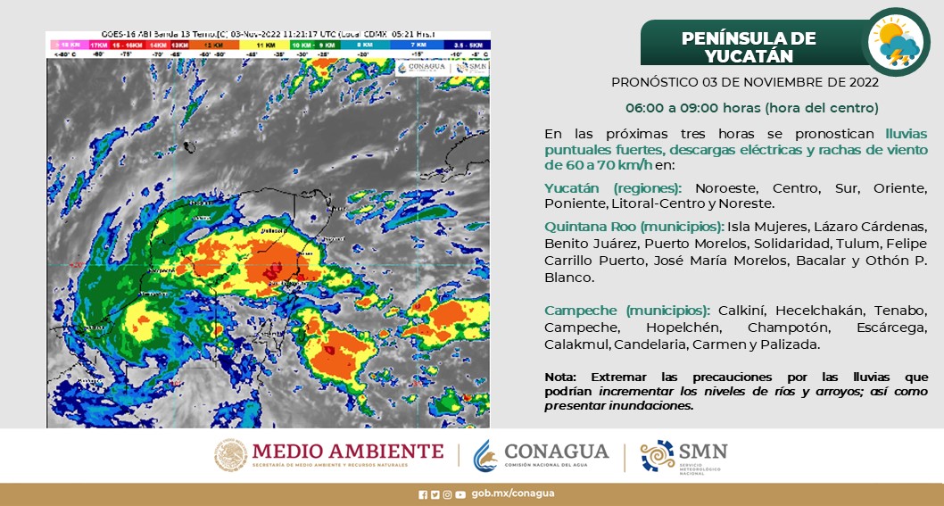 Pronóstico del clima para hoy jueves 3 de noviembre en Quintana Roo; lluvias intensas en Campeche, muy fuertes en Q. Roo y fuertes en Yucatán.