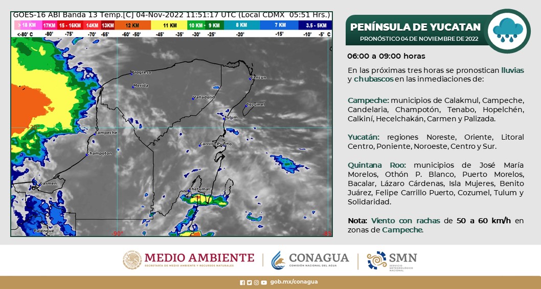 Pronóstico del clima para hoy viernes 4 de noviembre en Quintana Roo; cielo medio nublado con chubascos en Yucatán y Quintana Roo
